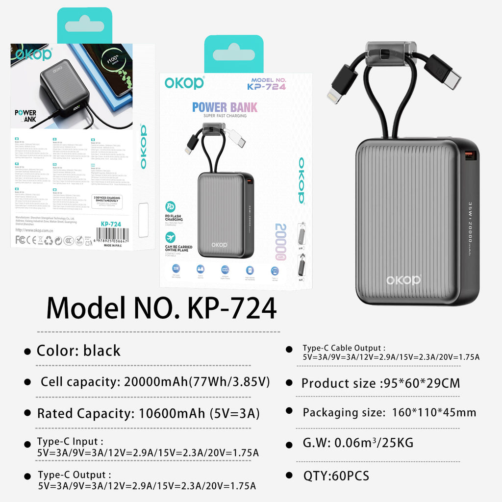 KP-724 20000mAh High-Capacity Power Bank With Digital Display Fast Charging 3C Certified Factory Stock Available