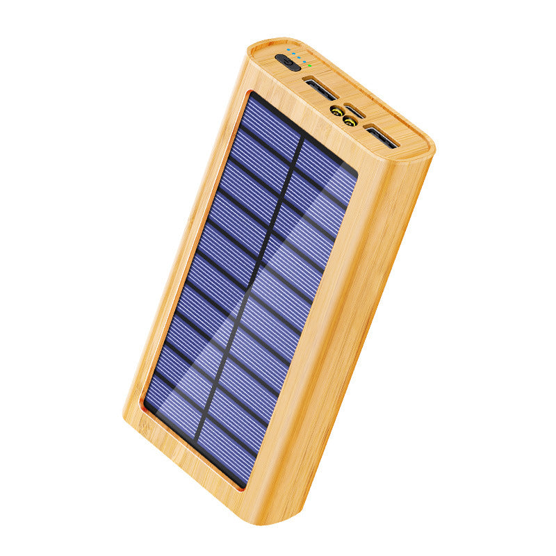 Solar-powered Wood-grain Power Bank Outdoor Portable Charger With LED Light