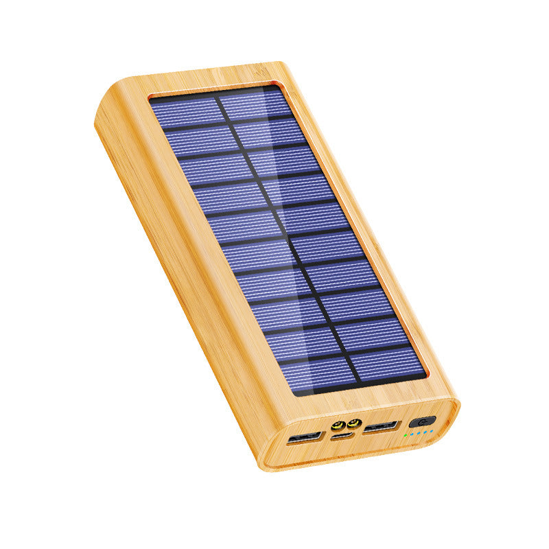 Solar-powered Wood-grain Power Bank Outdoor Portable Charger With LED Light