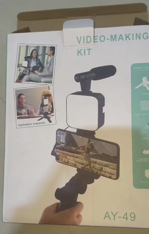 AY-49 Vlogging Kit | Portable Video Recording Setup with LED Light, Shotgun Mic & Flexible Tripod without Remote