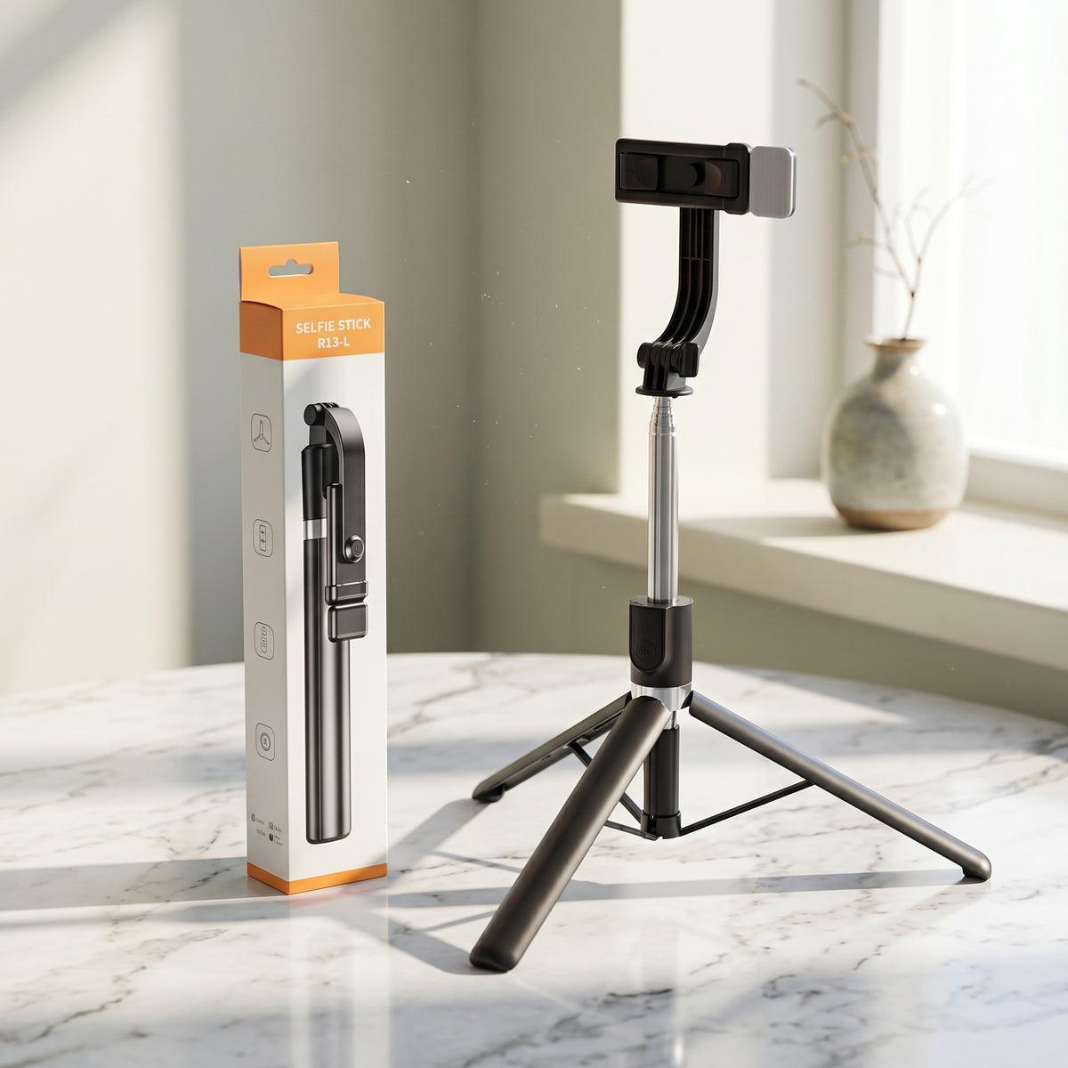 4 In 1 R1SL Selfie Stick Featuring A Bluetooth Remote, Tripod Stand, Light And Retractable Mobile Holder