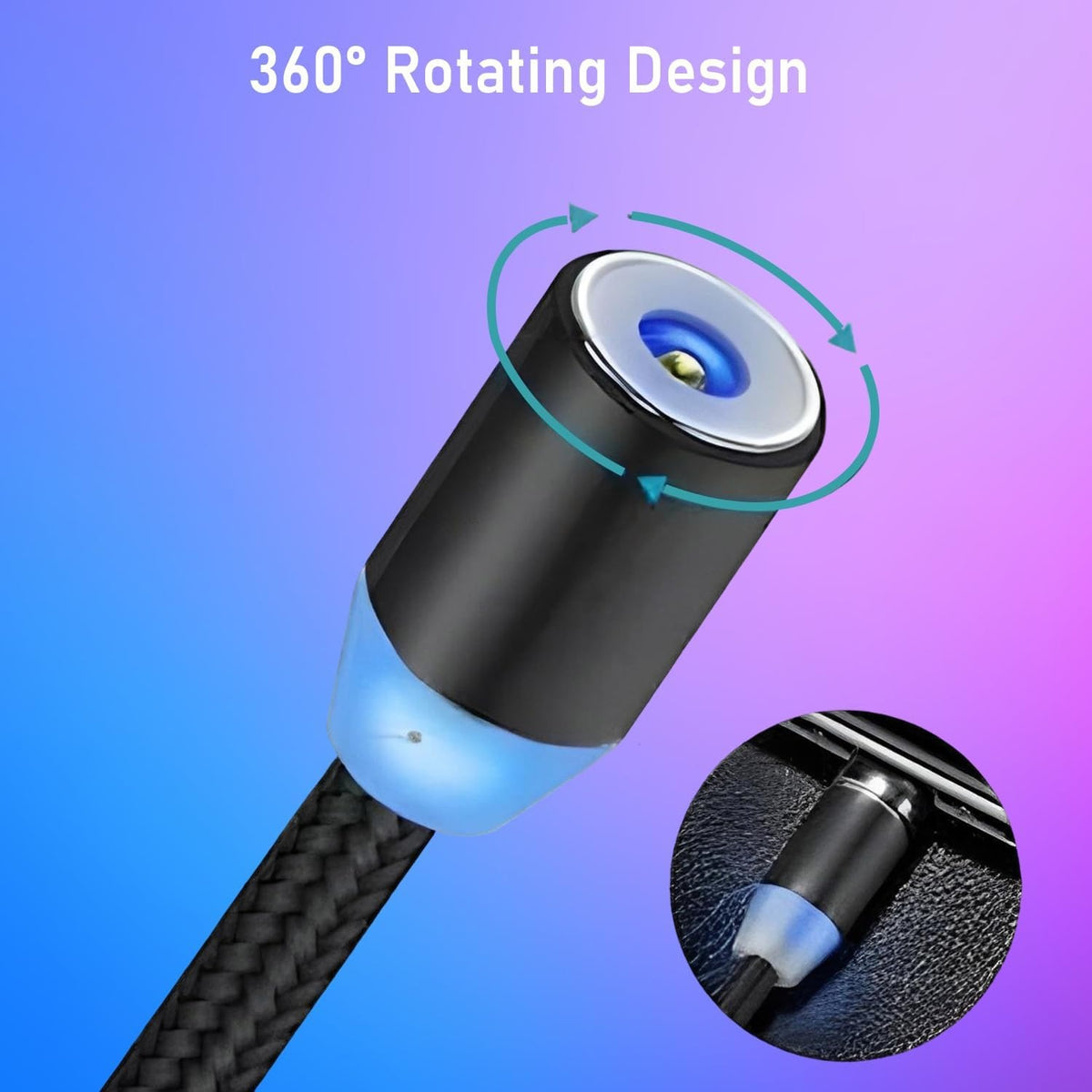 3-in-1 Magnetic Fast Charging Cable | Micro USB, Type-C &amp; iPhone | 360° Rotation | LED | 3A | Nylon Braided | Magnetic Charging Cables For Android &amp; IOS | Charging Cable For Mobile Phone ( Random Color )